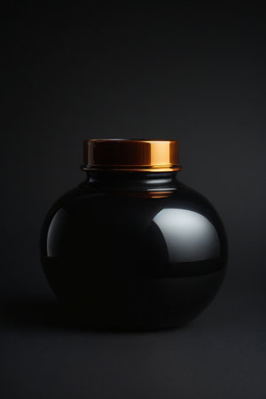 One large black glossy bottle with gold cap close-up on abstract dark background. Generative AI.の素材
