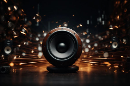 Large subwoofer in center of illustration on abstract musical background. Generative ai.の素材