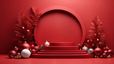 Red festive podium decoration with New Year's attributes, Christmas trees,toys,tinsel.Generative AIの素材