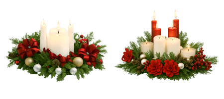 Wreath made of fir branches, decorated decor, candles in center composition on PNG background. Generative AI.の素材