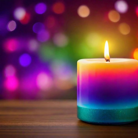 Close-up of lit rainbow candle on blurred Christmas background, multi-colored bokeh. Generative AIの素材