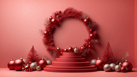 Red festive podium decoration with New Year's attributes, Christmas trees,toys,tinsel.Generative AIの素材