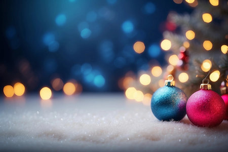 Winter holiday christmas background banner with bokeh light. Generative AI.の素材