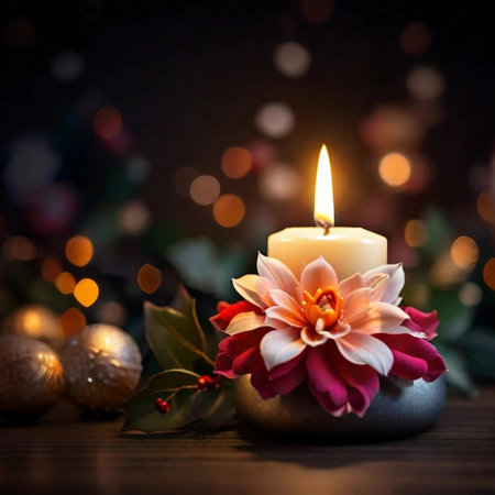 Large burning aroma candle decoration big flowers, cute Christmas bokeh background.Generative AIの素材