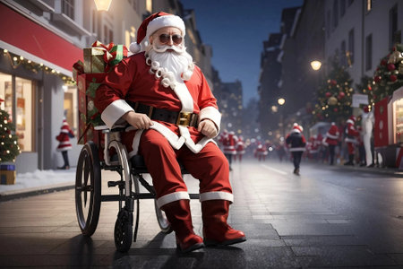 Santa Claus in wheelchair with gifts on festively decorated New Year's street. Generative AI.の素材
