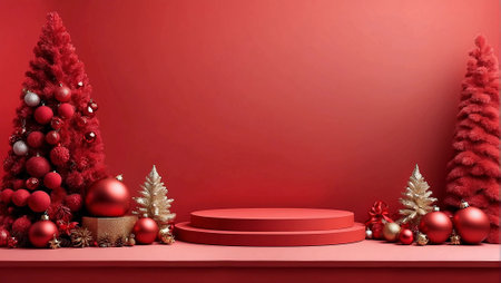Red festive podium decoration with New Year's attributes, Christmas trees,toys,tinsel.Generative AIの素材