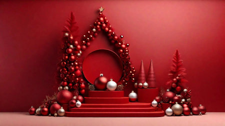 Red festive podium decoration with New Year's attributes, Christmas trees,toys,tinsel.Generative AIの素材