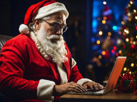 Santa Claus sits at table in a festive atmosphere and looks at laptop screen.Generative AI.の素材