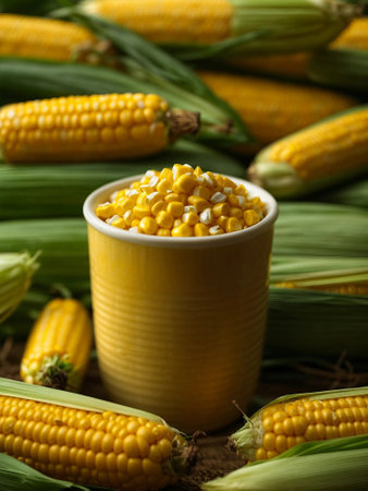 Fresh corn kernels in bowl close-up, with corn cobs scattered around. Generative AI.の素材