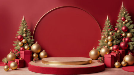 Red festive podium decoration with New Year's attributes, Christmas trees, toys, tinsel.Generative AIの素材