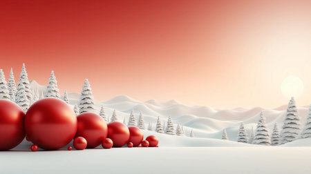 Abstract New Year's background, white Christmas trees and large red New Year's balls.Generative AI.の素材