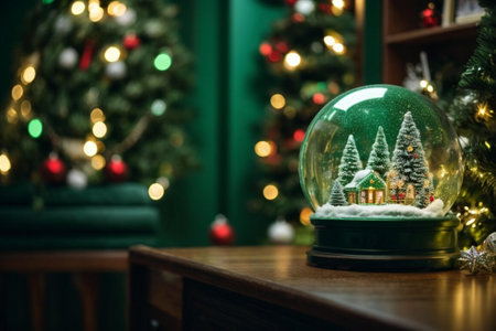 Room in green tones is decorated with Christmas garlands and tinsel, snow globe on table. Generative AIの素材