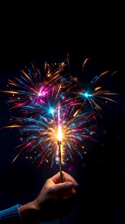 Lit sparkler is held in the hand, close-up, against dark background. Place for text. Generative AI.の素材