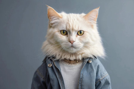 Anthropomorphic fluffy cat is dressed in casual demi-season clothes. Generative AI.の素材