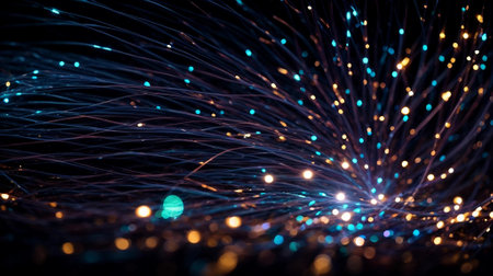 Beautiful thin strands of fiber optics illuminated an abstract black background. Generative AI.の素材