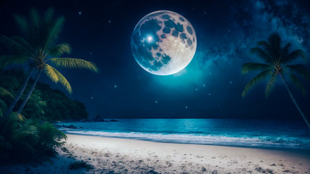 Beautiful night tropical beach, full moon, palm trees, white sand, light surf.Generative AI.の素材
