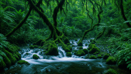 Small waterfall among stones covered with moss and dense thickets of tropical forest.Generative AI.の素材