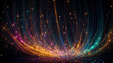 Beautiful thin strands of fiber optics illuminated an abstract black background. Generative AI.の素材