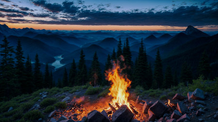 Mountain evening landscape, mountain view, fire burning in center. Nature Wallpaper. Generative AI.の素材