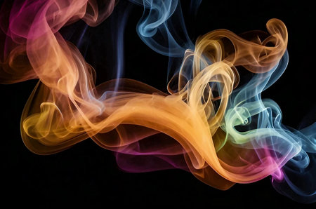 Bright, thick rainbow smoke on a black background. Generative AI.の素材