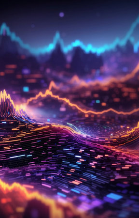 Digital terrain, with flowing data holographic charts and graphs rise. Generative AIの素材
