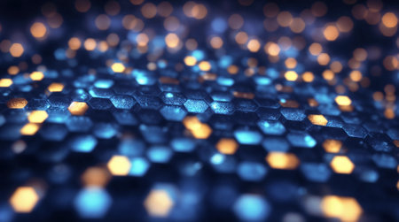 Blue abstract hexagon background, bokeh, honeycomb, blurred background. Generative AI.の素材