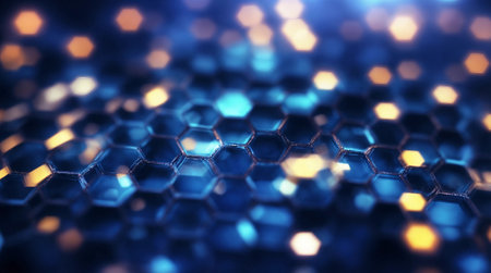 Blue abstract hexagon background, bokeh, honeycomb, blurred background. Generative AI.の素材