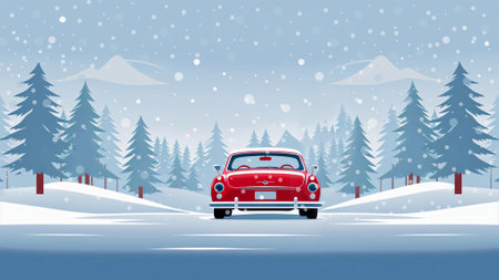 Red pickup against backdrop of winter landscape.Cartoon style. Flat illustration.Generative AI.の素材