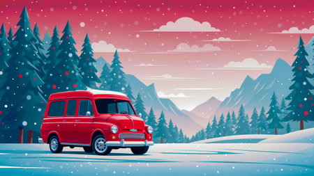 Red pickup against backdrop of winter landscape.Cartoon style. Flat illustration.Generative AI.の素材