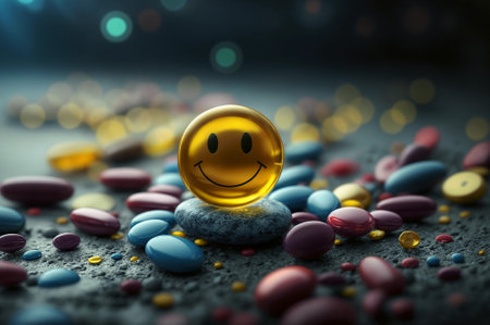 One small transparent smiley face, among colored stones, hyper-realistic style. Generative AI.の素材