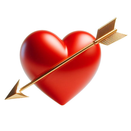 Large red heart pierced by Cupid's golden arrow on transparent background (PNG). Generative AI.の素材