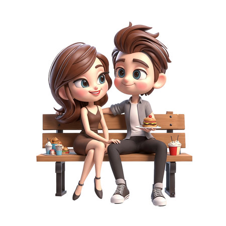 Beautiful couple of cheerful lovers in cartoon style on PNG background. Generative AI.の素材