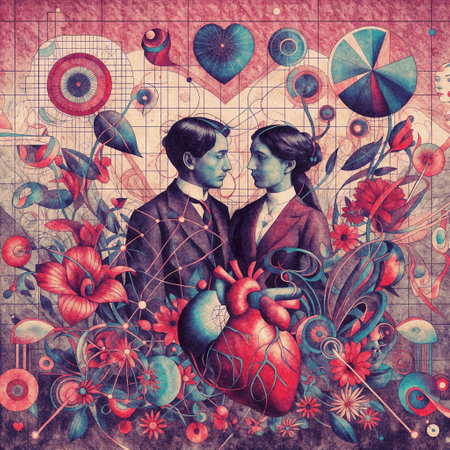 Psychedelic old school college, glitch art, botanical illustration, heart, couple. Generative AIの素材
