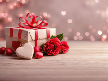 Valentine's day beautiful background. Heart, love, gift, gift box. Generative AI.の素材