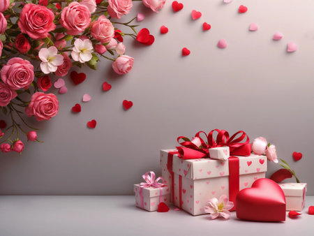 Valentine's day beautiful background. Heart, love, gift, gift box. Generative AI.の素材
