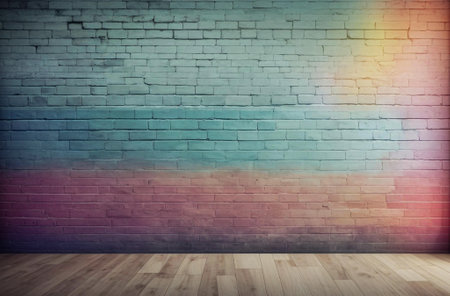 Room with a wooden floor and a colorful brick wall. Generative AI.の素材