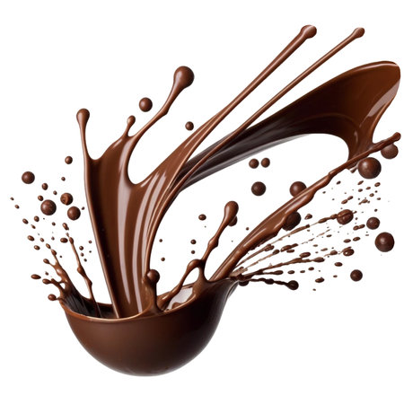 Chocolate splash, with chocolate drops flying in different directions isolated on PNG background. Generative AI.の素材