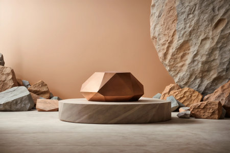 Large rocks on a circular platform, surrounded by other rocks on peach background Generative AIの素材