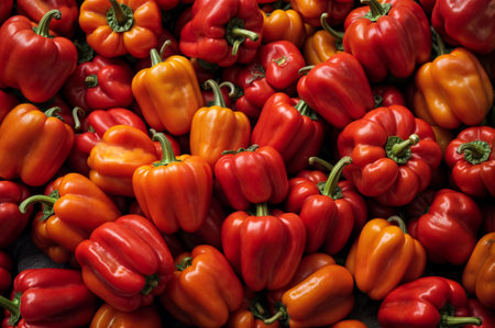Red bell peppers on counter in supermarket. Large number of red peppers in pile. Generative AIの素材