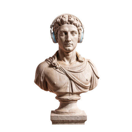 Bust of an antique man wearing modern headphones isolated on PNG background. Generative AI.の素材