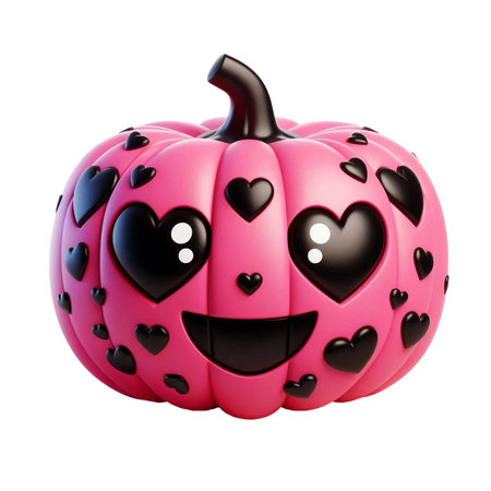 Cute cartoon pink Halloween pumpkin in black hearts isolated on PNG background. Generative AI.の素材