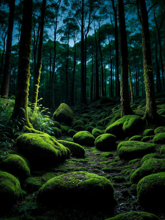 Forest at night with dark green trees, and soft glow green moss on rocks. Generative AIの素材