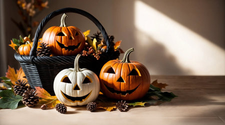 Halloween pumpkins and black basket with autumn leaves and pine cones.Space for text.Generative AIの素材