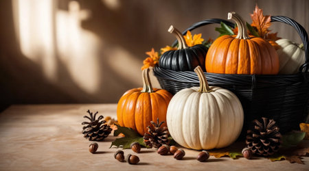 Halloween pumpkins and black basket with autumn leaves and pine cones.Space for text.Generative AIの素材