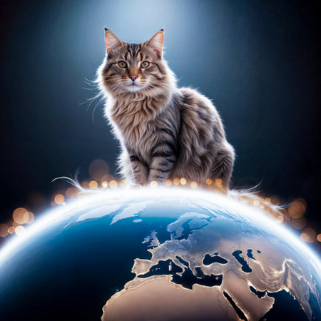 Cat sitting atop stylized, glowing, semitransparent orb representing surface of Earth.Generative AIの素材