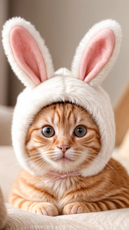 Close-up cute light orange tabby cat wearing fluffy hat with large pink bunny ears.Generative AIの素材