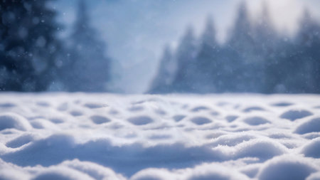 Frosted trees in a calm snowy landscape with gentle winter snowfallの素材