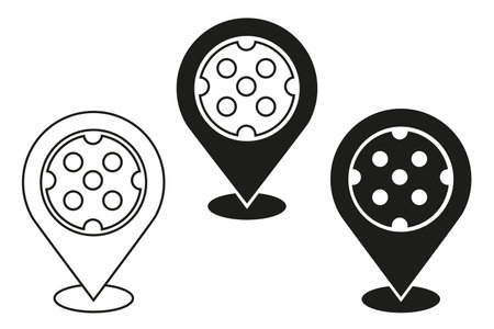 Set of combination of geolocation icon and pickleball ball in center black and white colors. Hand drawn monochrome pin location collection. Set of navigation markers for pickleball theme design.のイラスト素材
