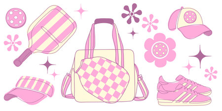 Stylized vector illustration of pink and cream pickleball equipment: paddle, bag, sneakers, caps, and floral elements. Great for themed prints, packaging, apparel, or digital mediaのイラスト素材