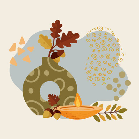Vector autumn composition with vase, burning candle, oak leaves, and acorns. Ideal for fall-themed greeting cards, social media posts, invitations, and seasonal print decorのイラスト素材